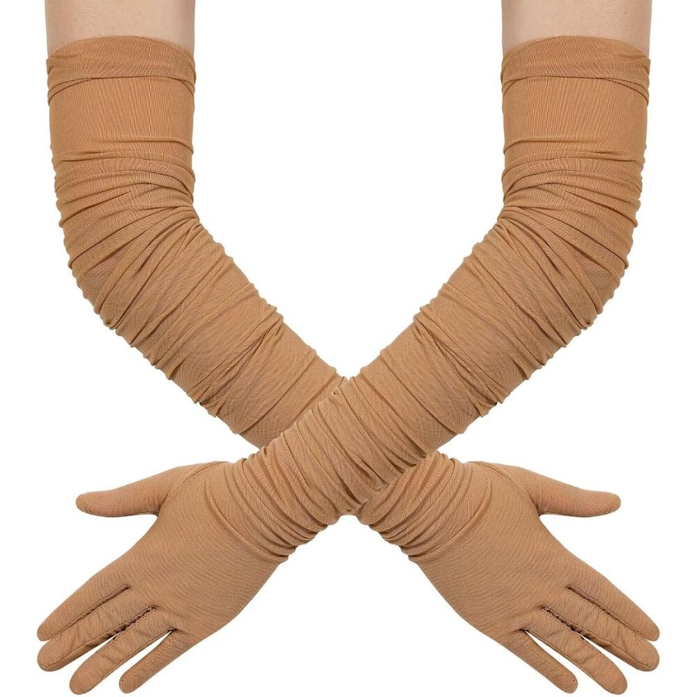 Women's Khaki Stretchy Tulle Spandex Mesh Sheer Satin Long Gloves Party Prom